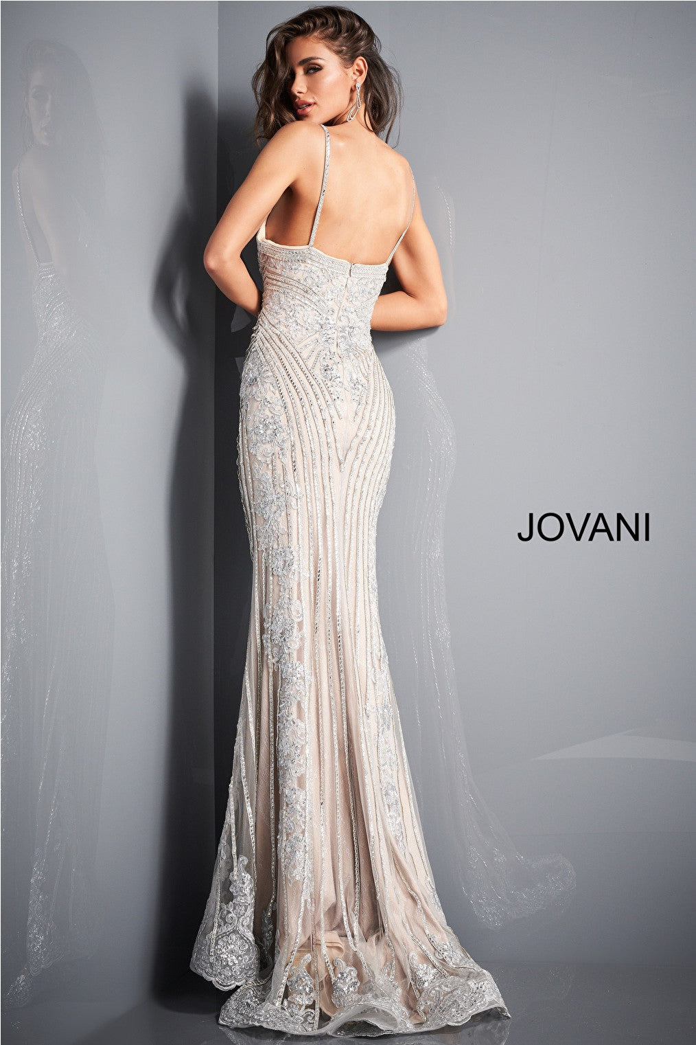 Back view silver nude prom dress 05752