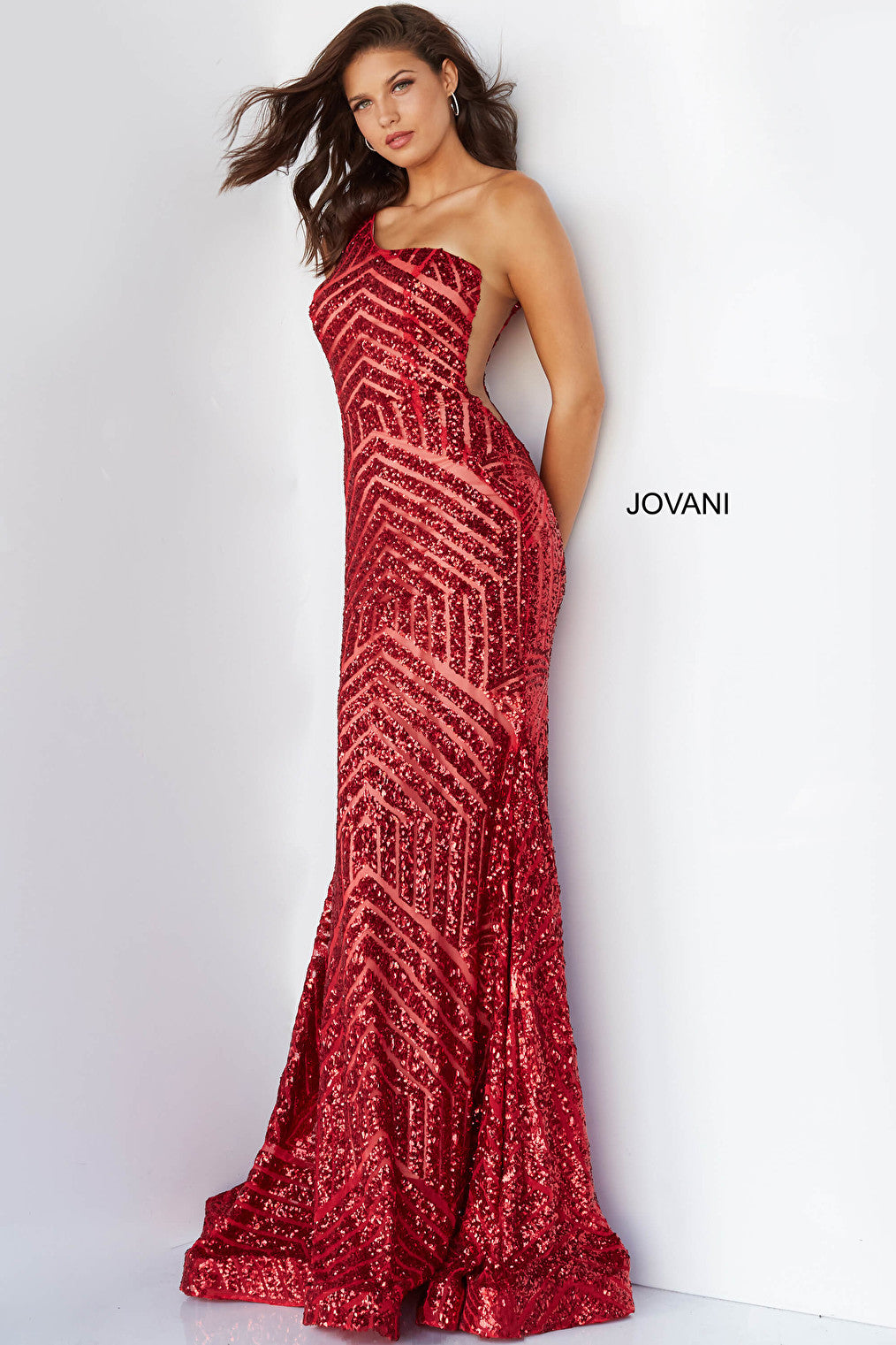 One shoulder red prom gown 06017