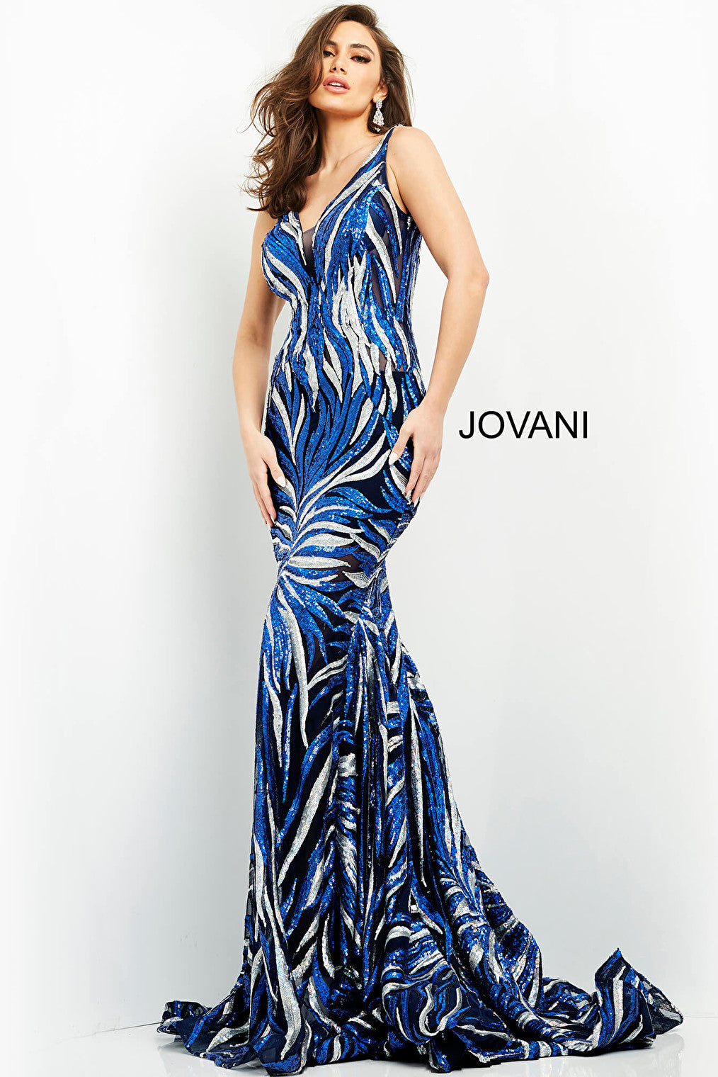 Plunging neckline navy silver prom dress Jovani 06153