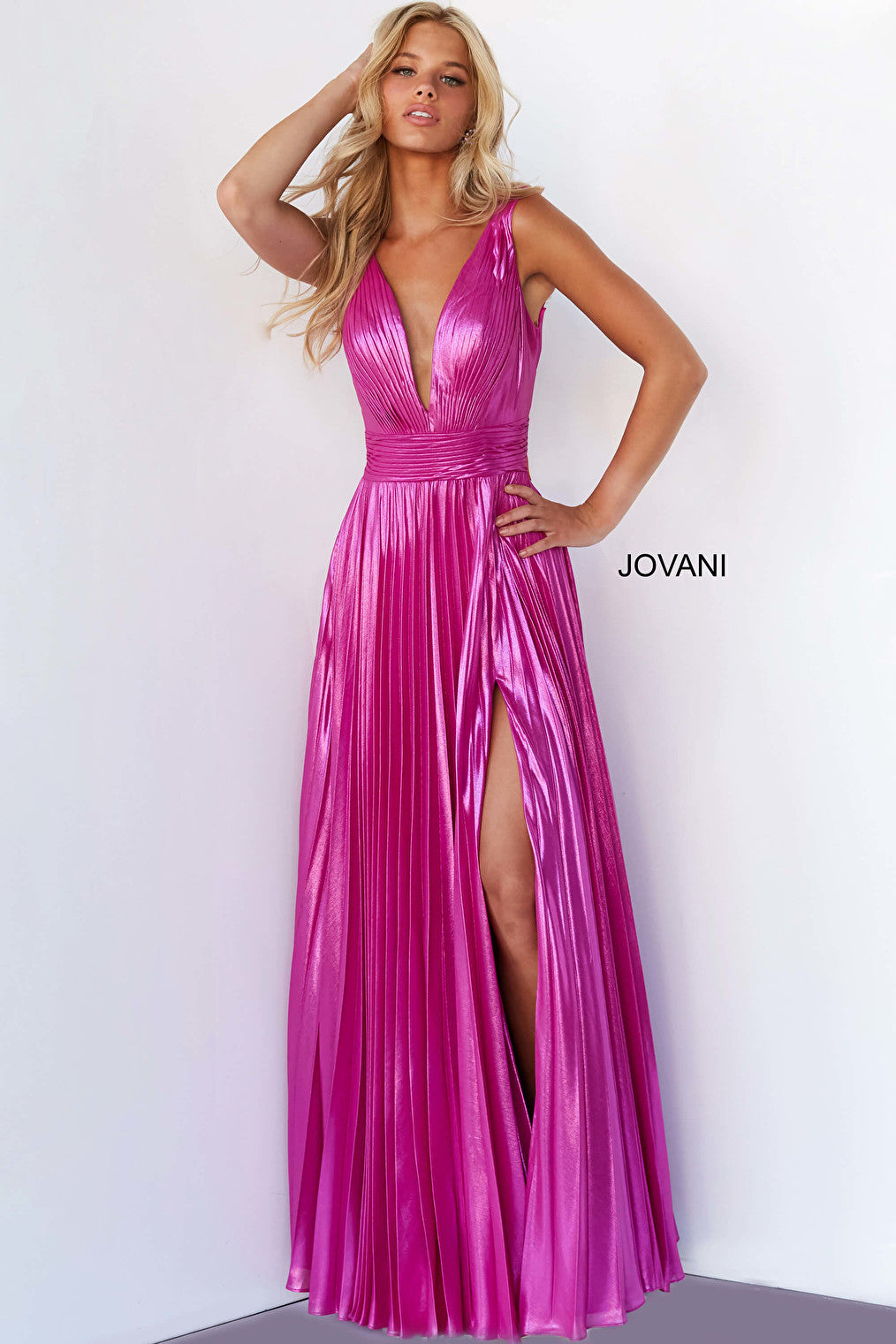 Hot pink low V neck prom dress Jovani 06220