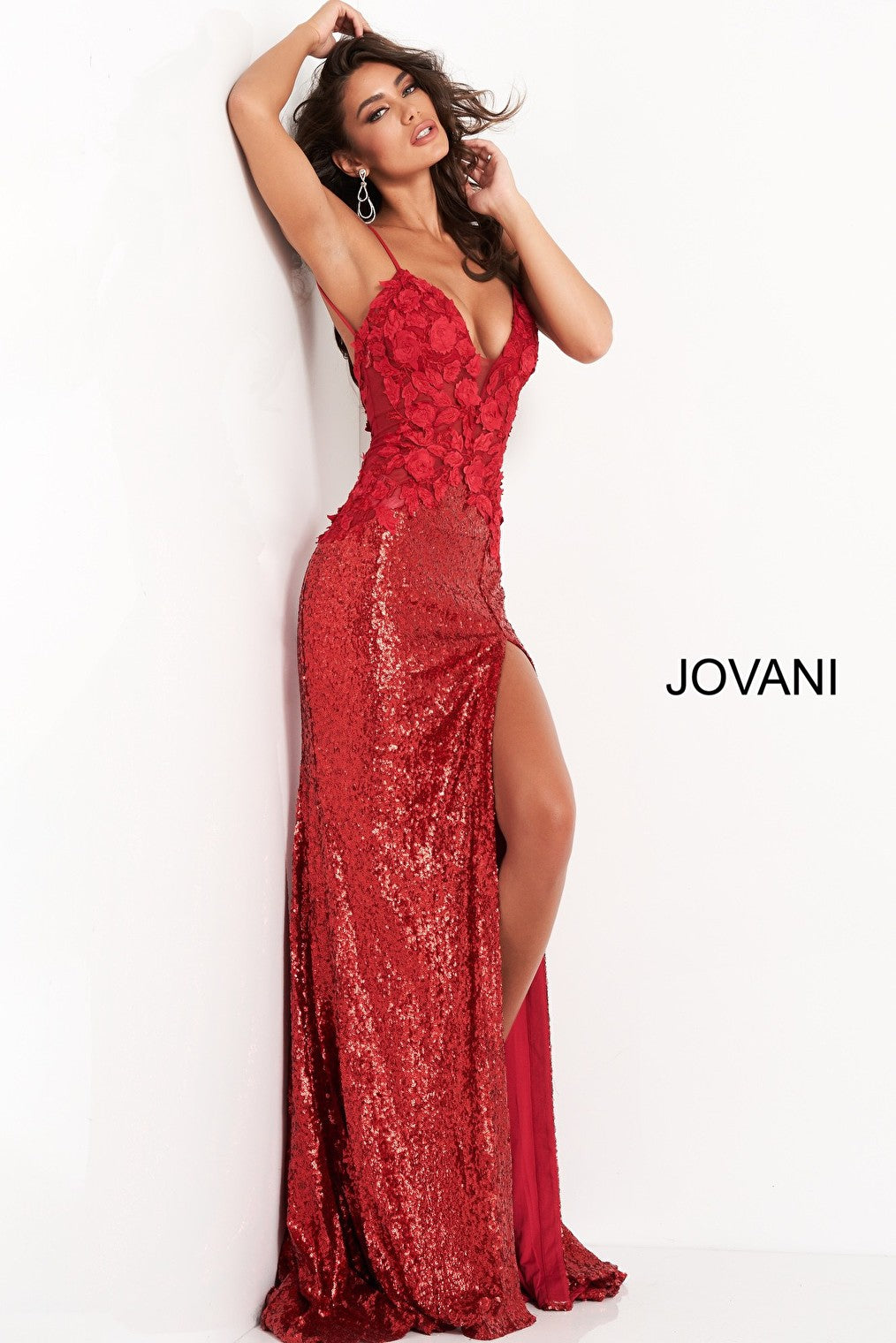 Red high slit prom dress Jovani 06426