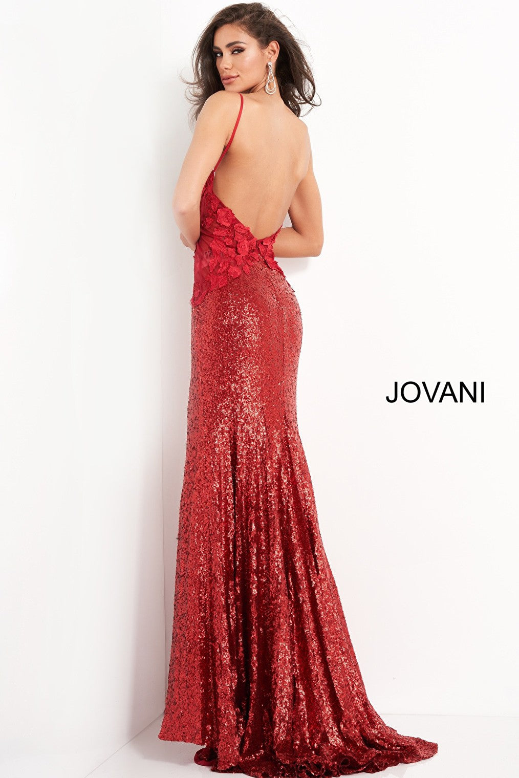 Low back red sequin prom dress 06426