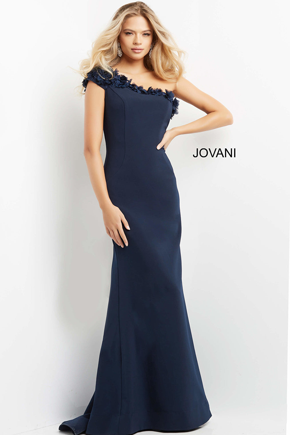 Jovani 06589 Navy One Shoulder Sheath Evening Dress