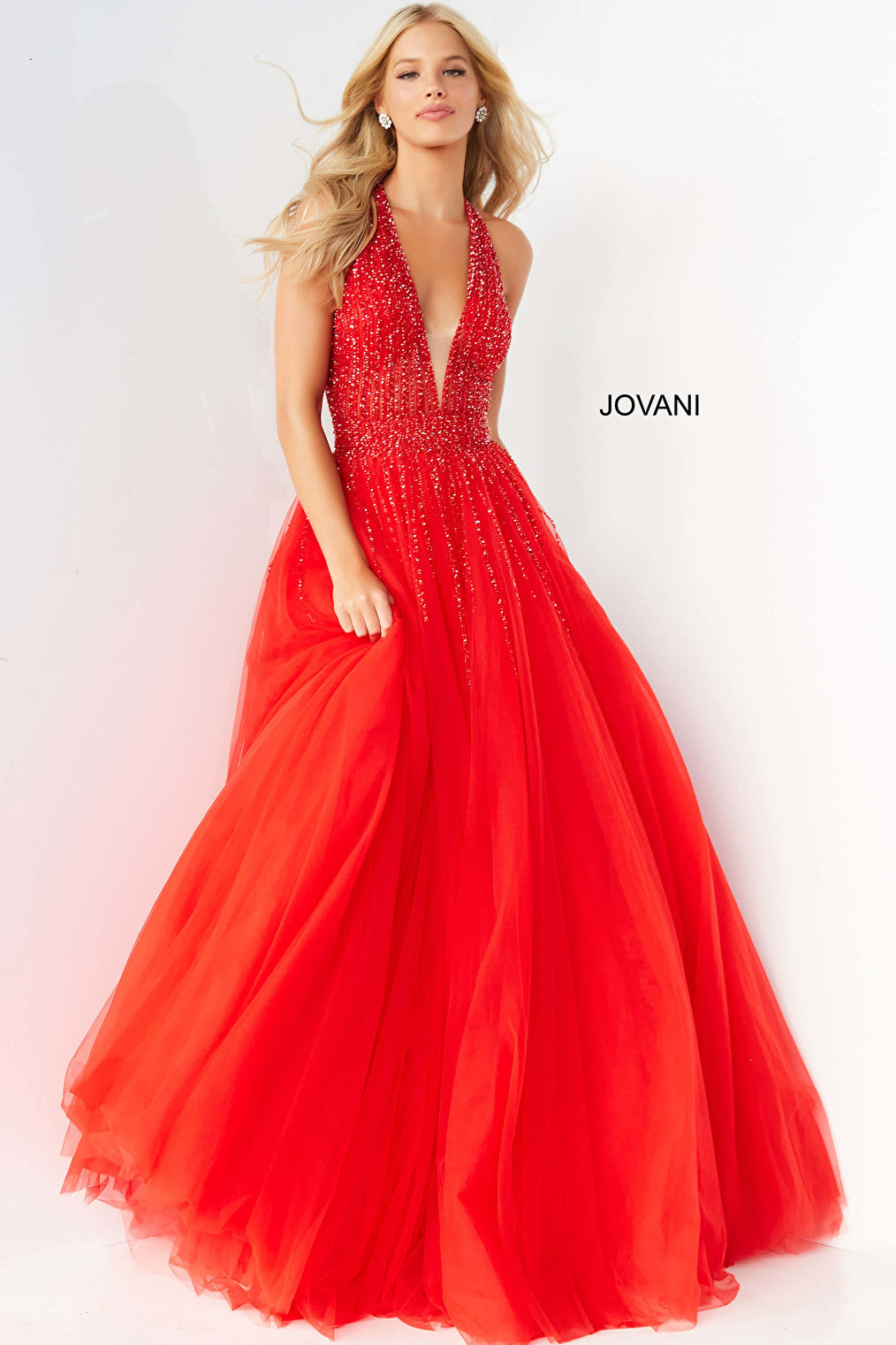 Plunging neck red prom ballgown 06598