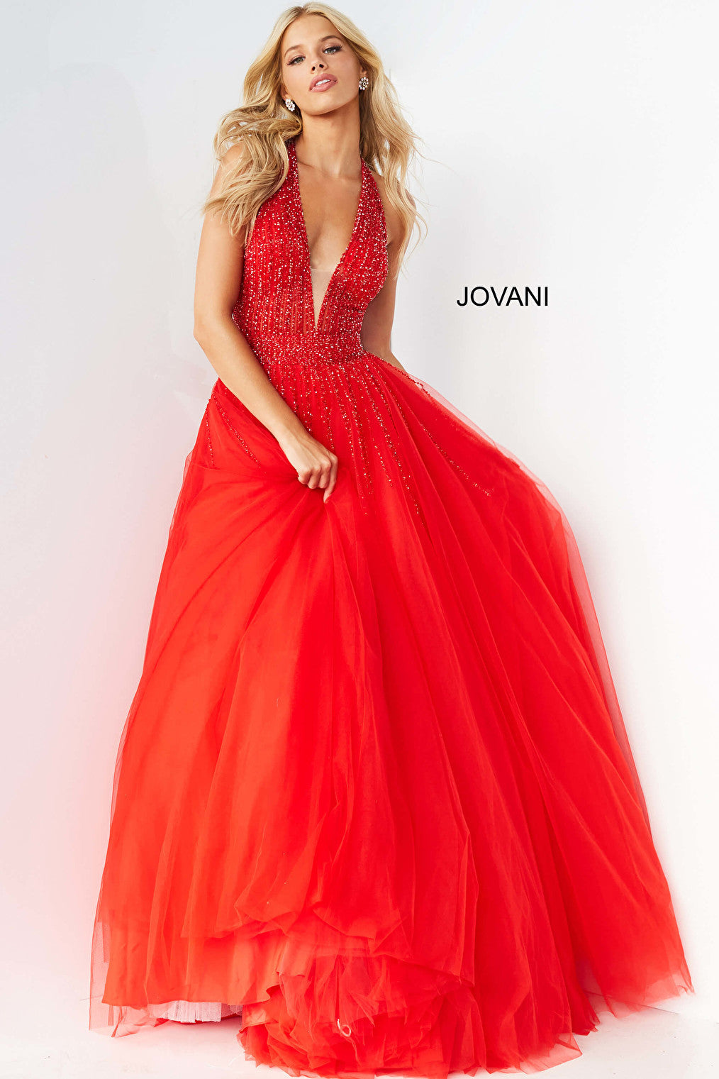 Red tulle Jovani prom ballgown 06598