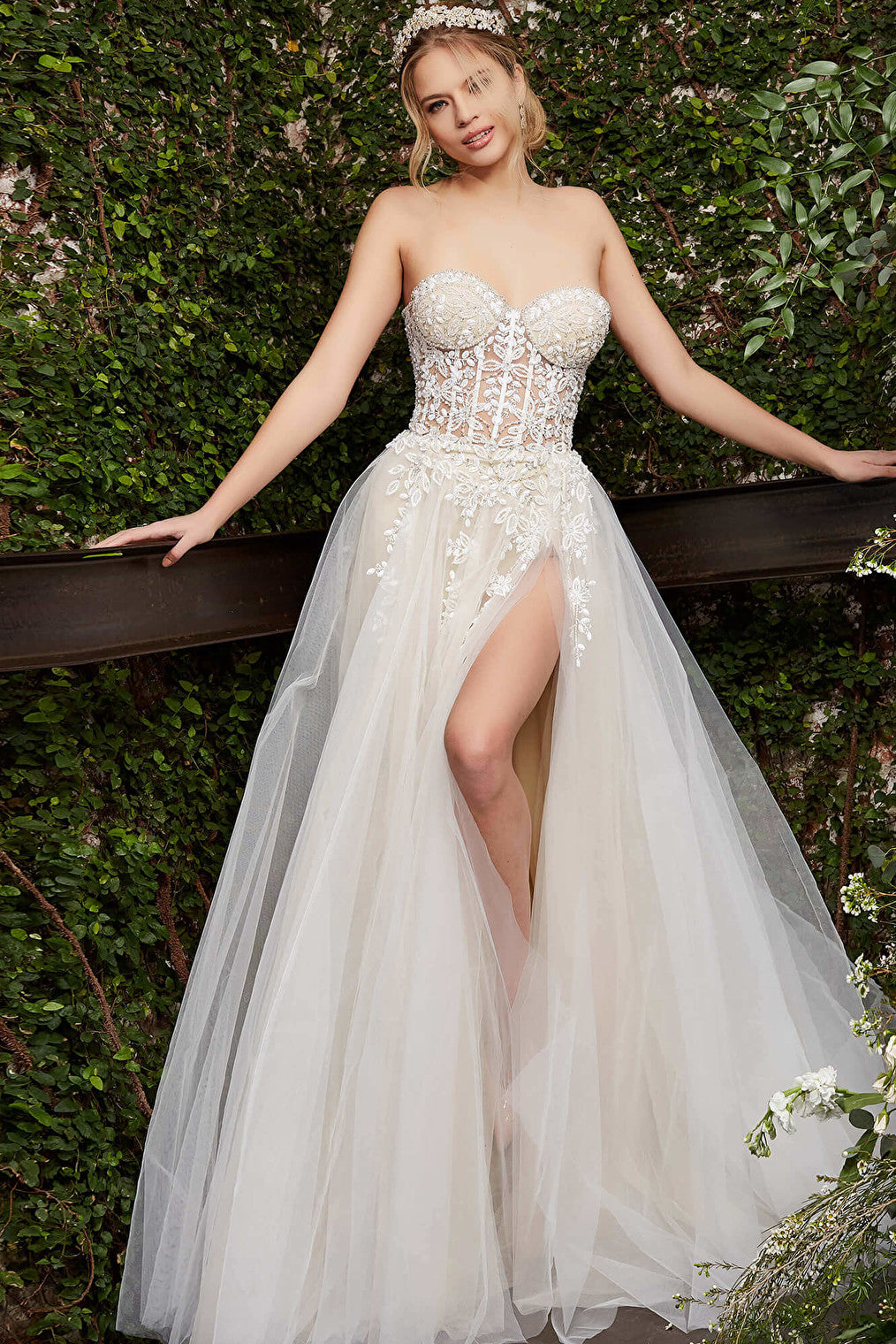 Beaded sheer bodice Jovani wedding gown 06610