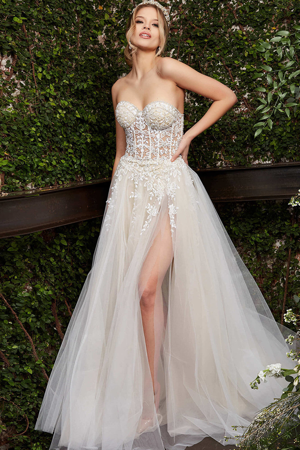 Off white high slit strapless gown Jovani bridal 06610