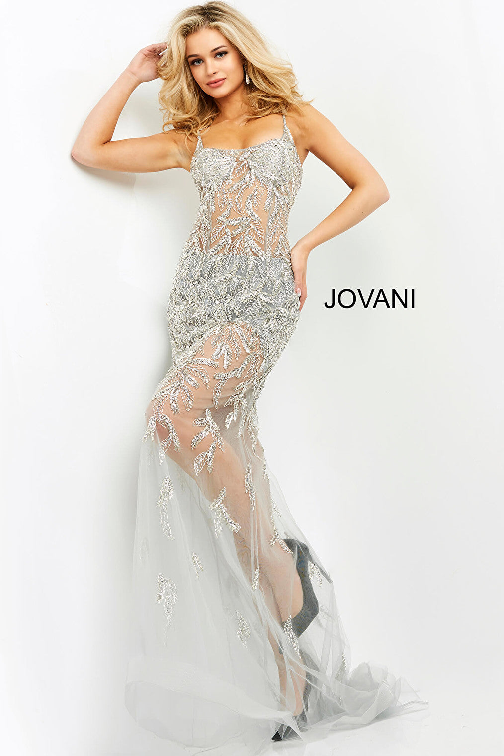 Silver sheer beaded dress Jovani 06665