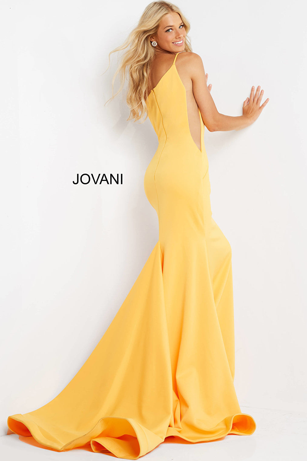 Bright yellow long train prom gown 06763