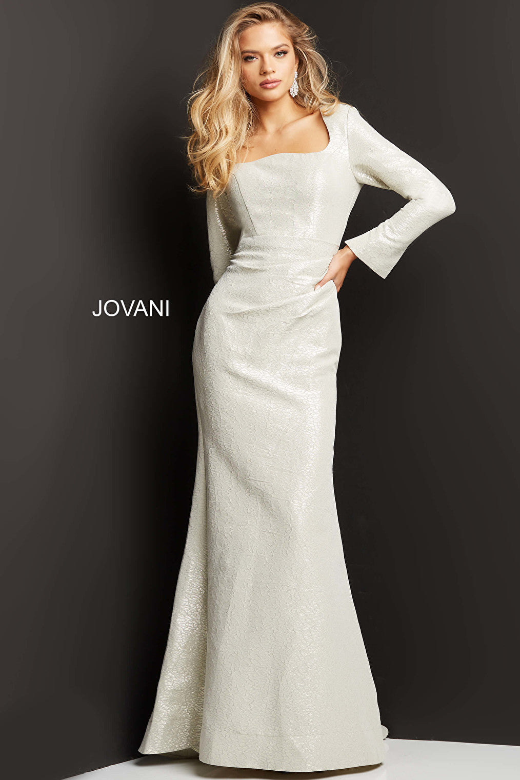 Jovani 06996 Oyster Metallic Long Sleeve Evening Gown 06996