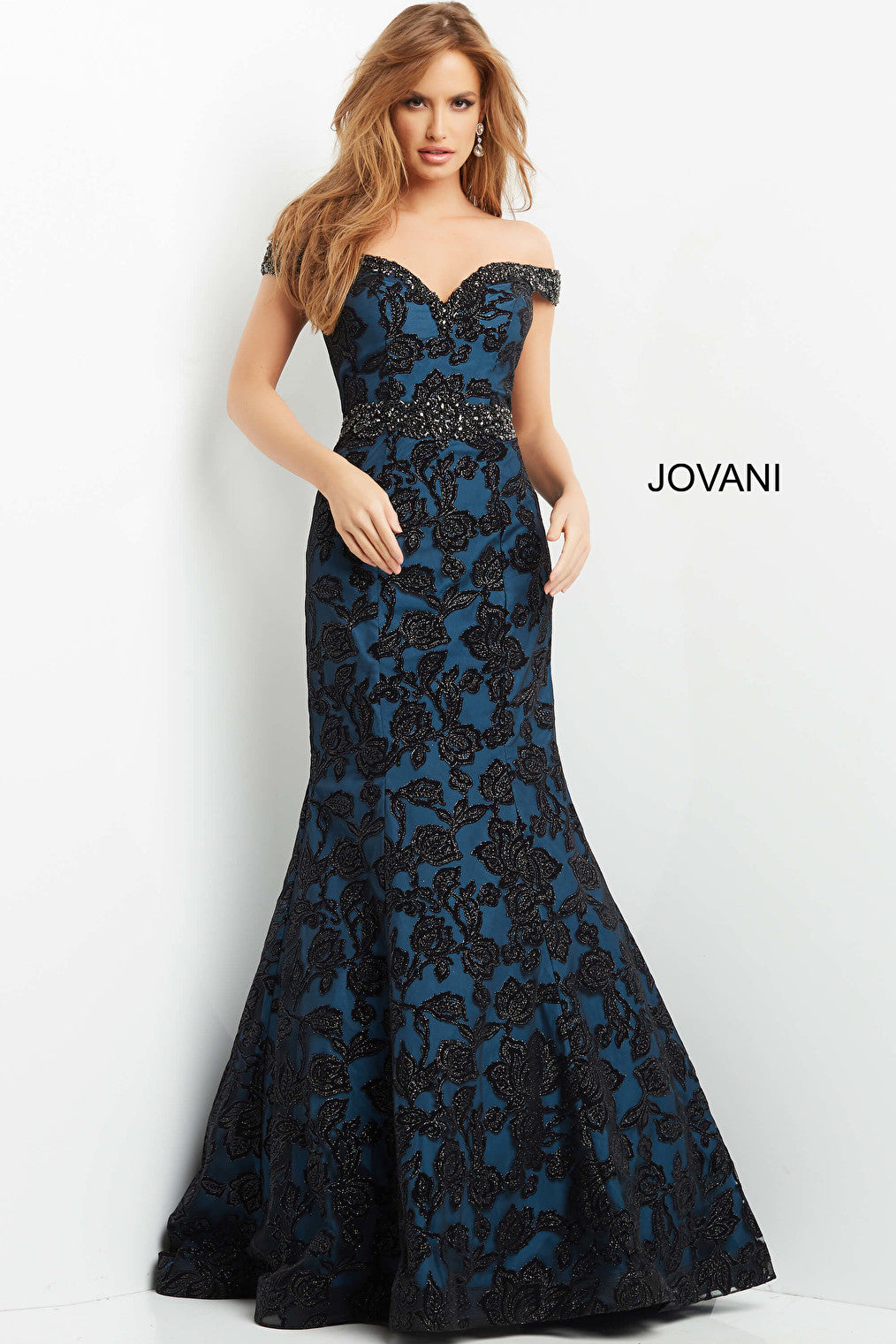 Jovani 07061 Black Café Off The Shoulder Mermaid Evening Gown