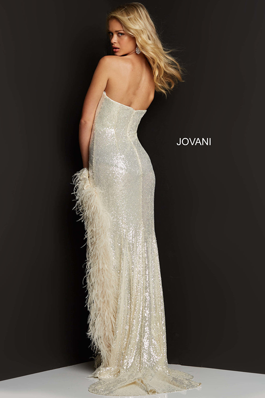 Strapless cream sequin prom gown 07068