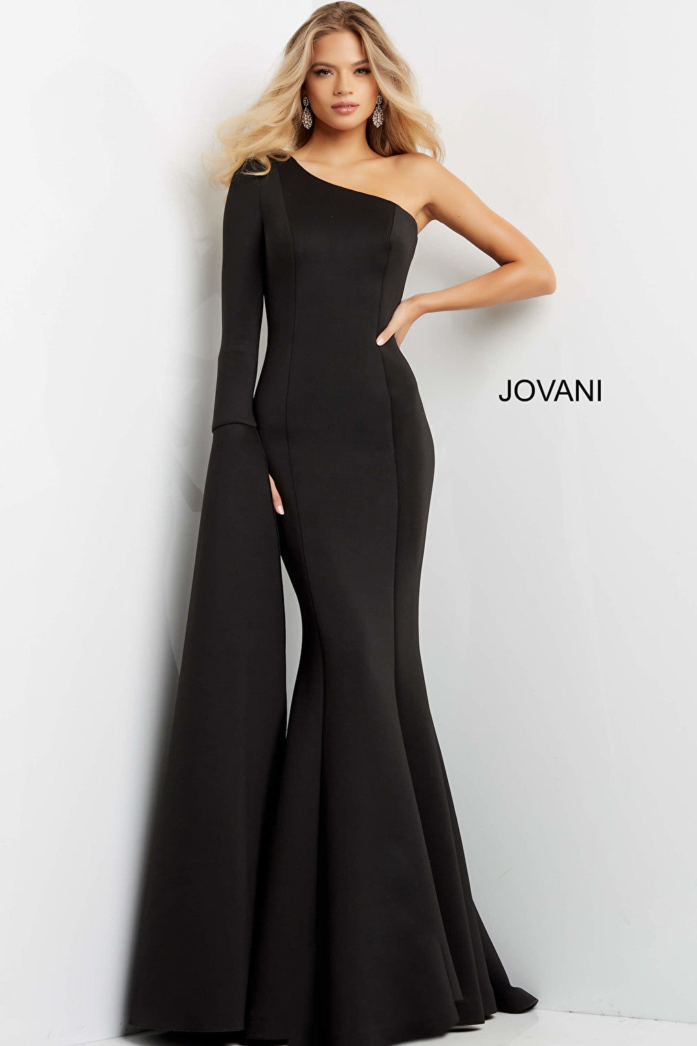 Jovani 07128 Black One Shoulder Long Sleeve Evening Gown