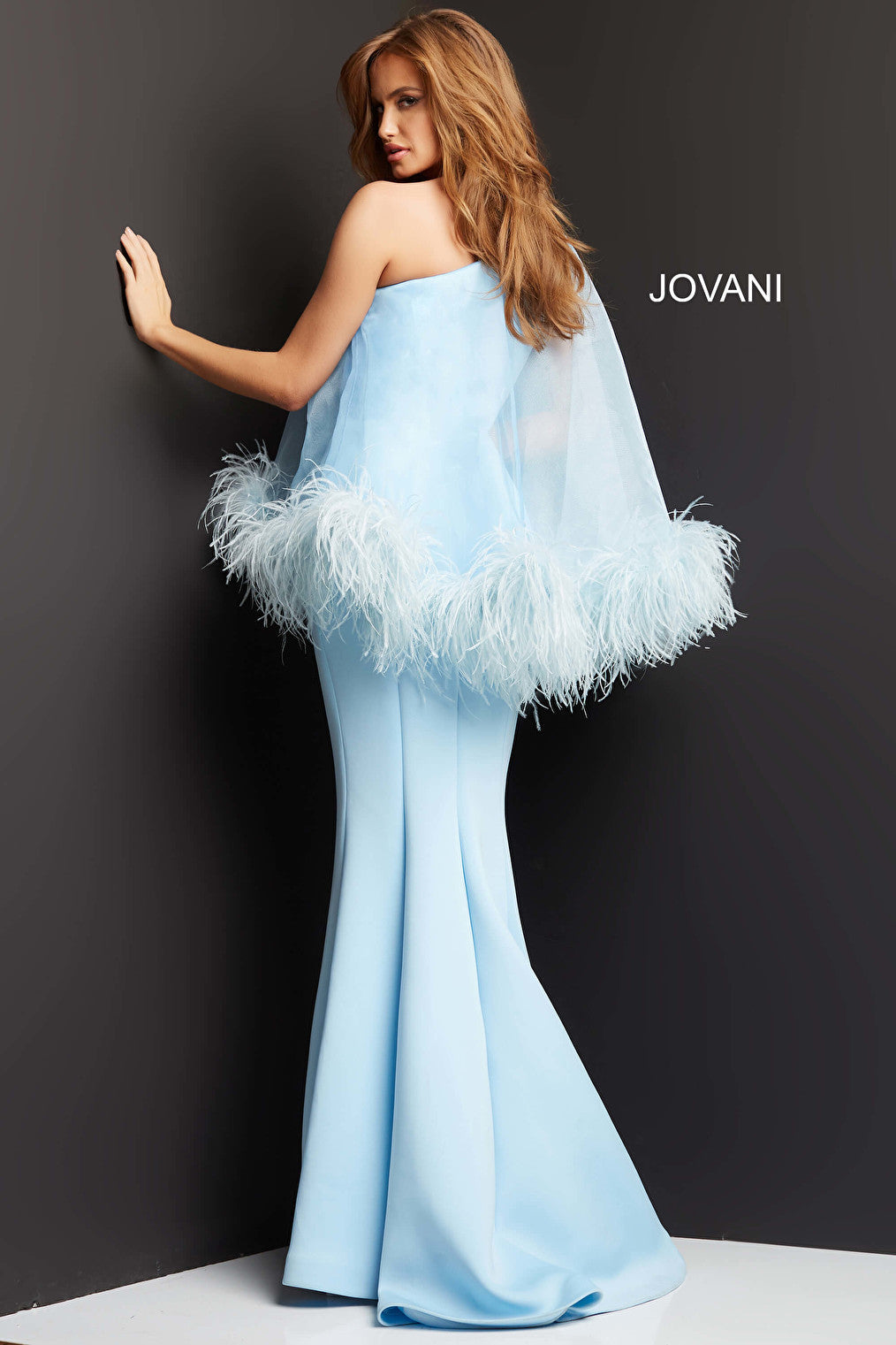 Jovani 07361 Light Blue One Shoulder Overlay Evening Gown