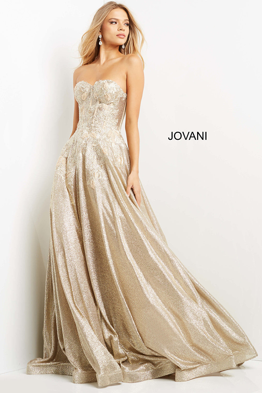 Gold corset bodice Jovani prom dress 07497