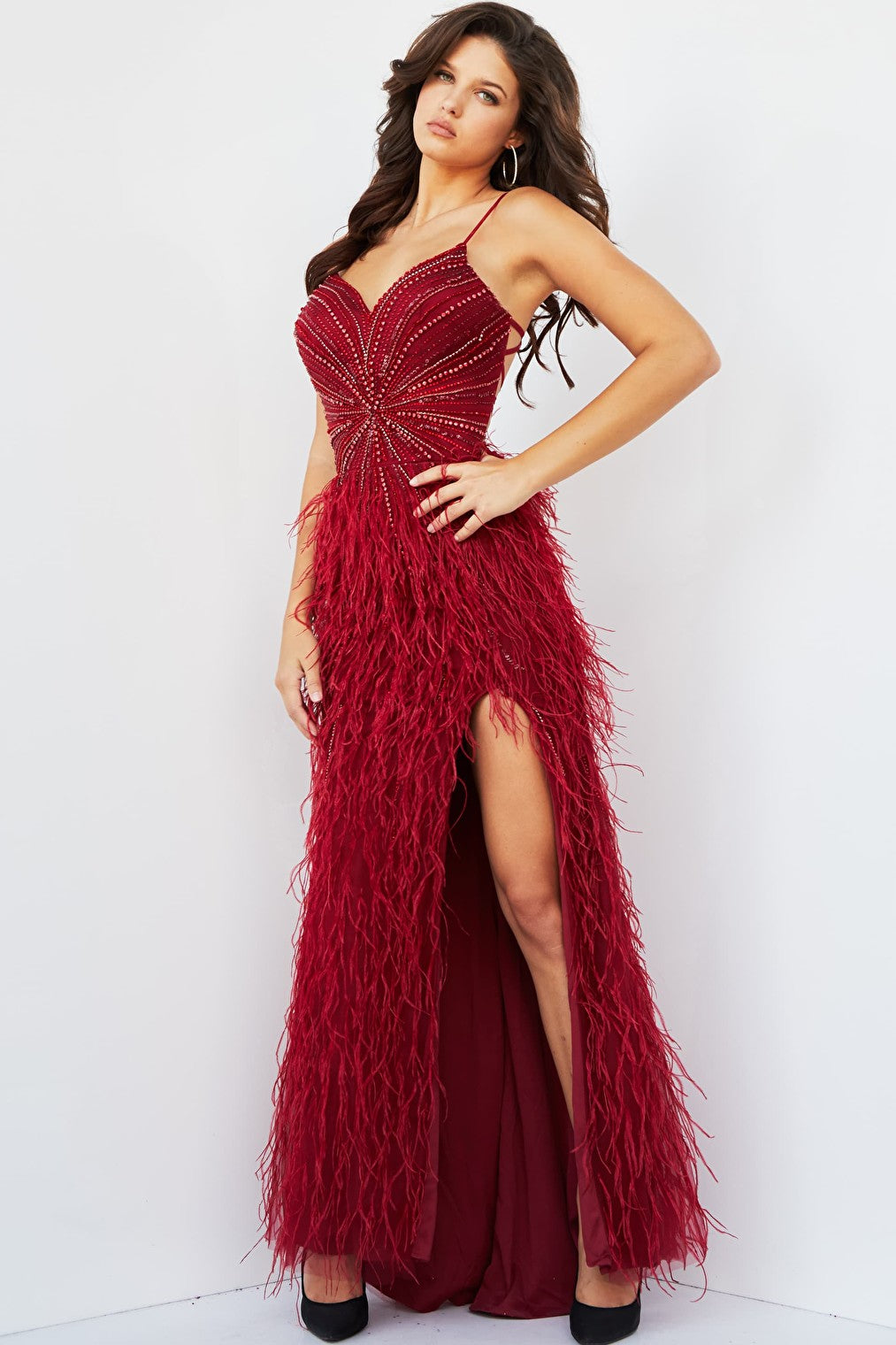 burgundy prom dress with feather 08060