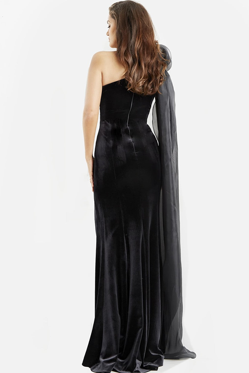 One shoulder black evening gown 08116