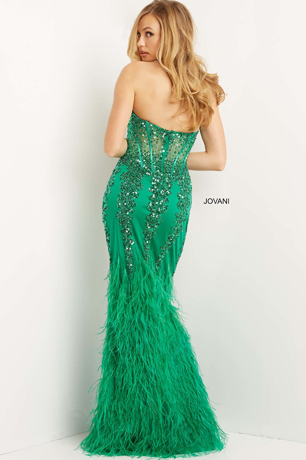 Emerald sheer bodice prom dress 08142
