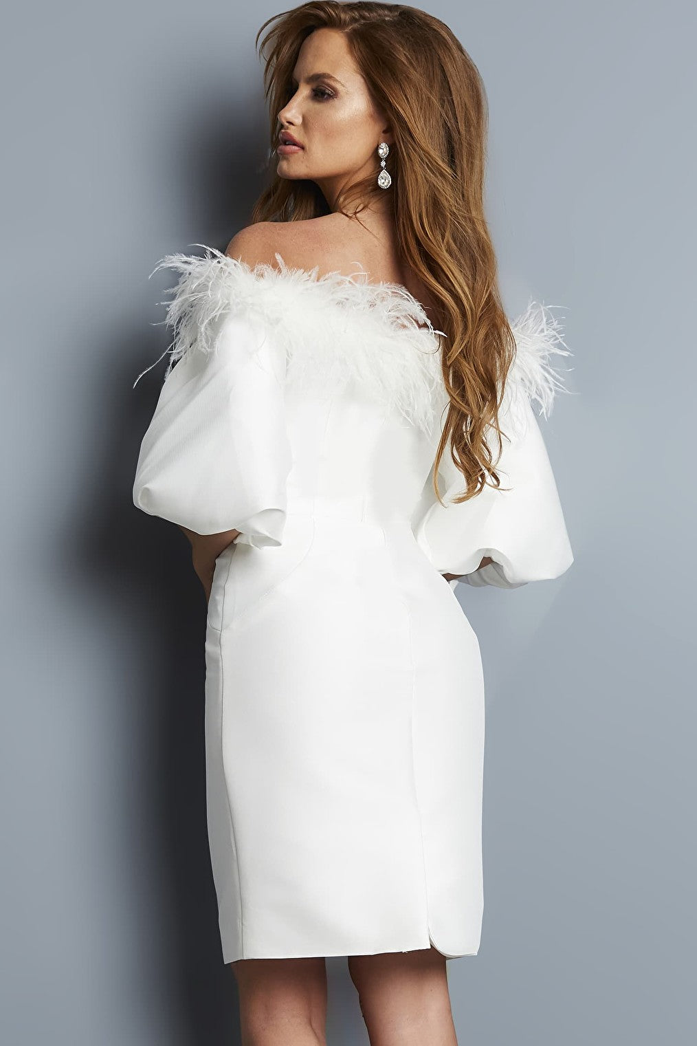 white dress with feathers 08211