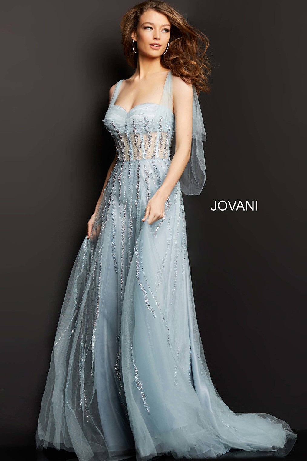 Shop Jovani 08487 Blue Illusion Bodice Embellished Evening Dress