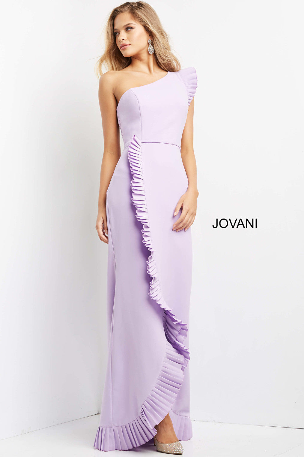 Jovani 08527 Lilac sexy One Shoulder Pleated Hem Evening Dress