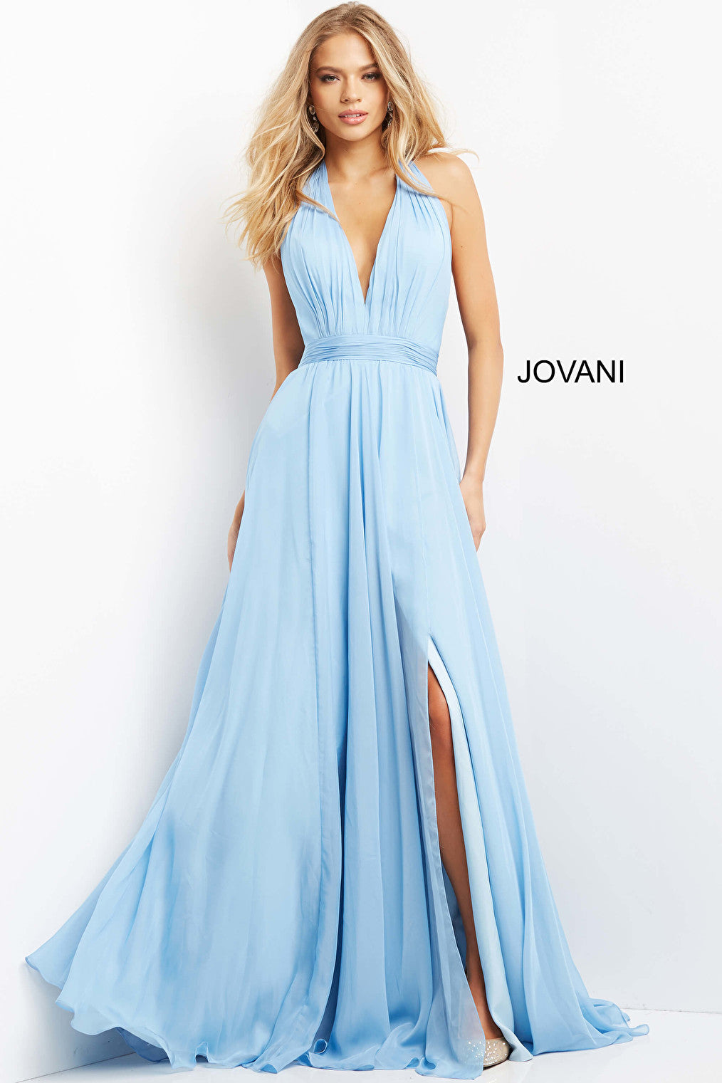 Light blue pleated sleeveless bodice Jovani dress 08682