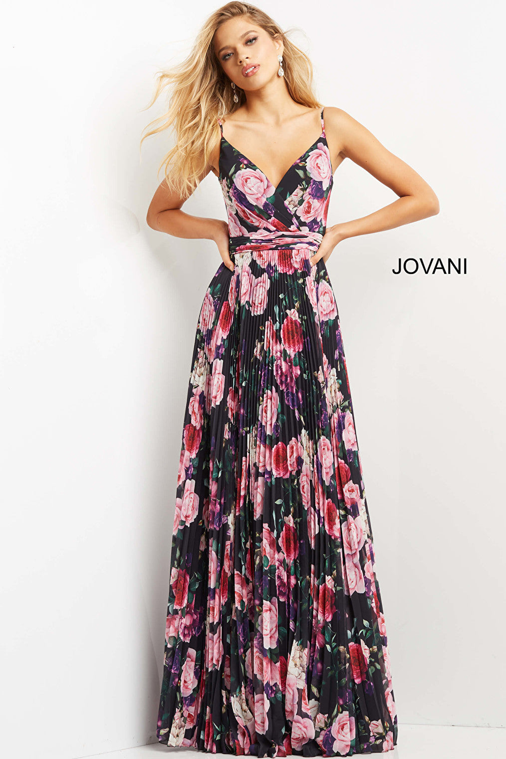 Jovani 09002 Floral Print V Neck Pleated Evening Dress