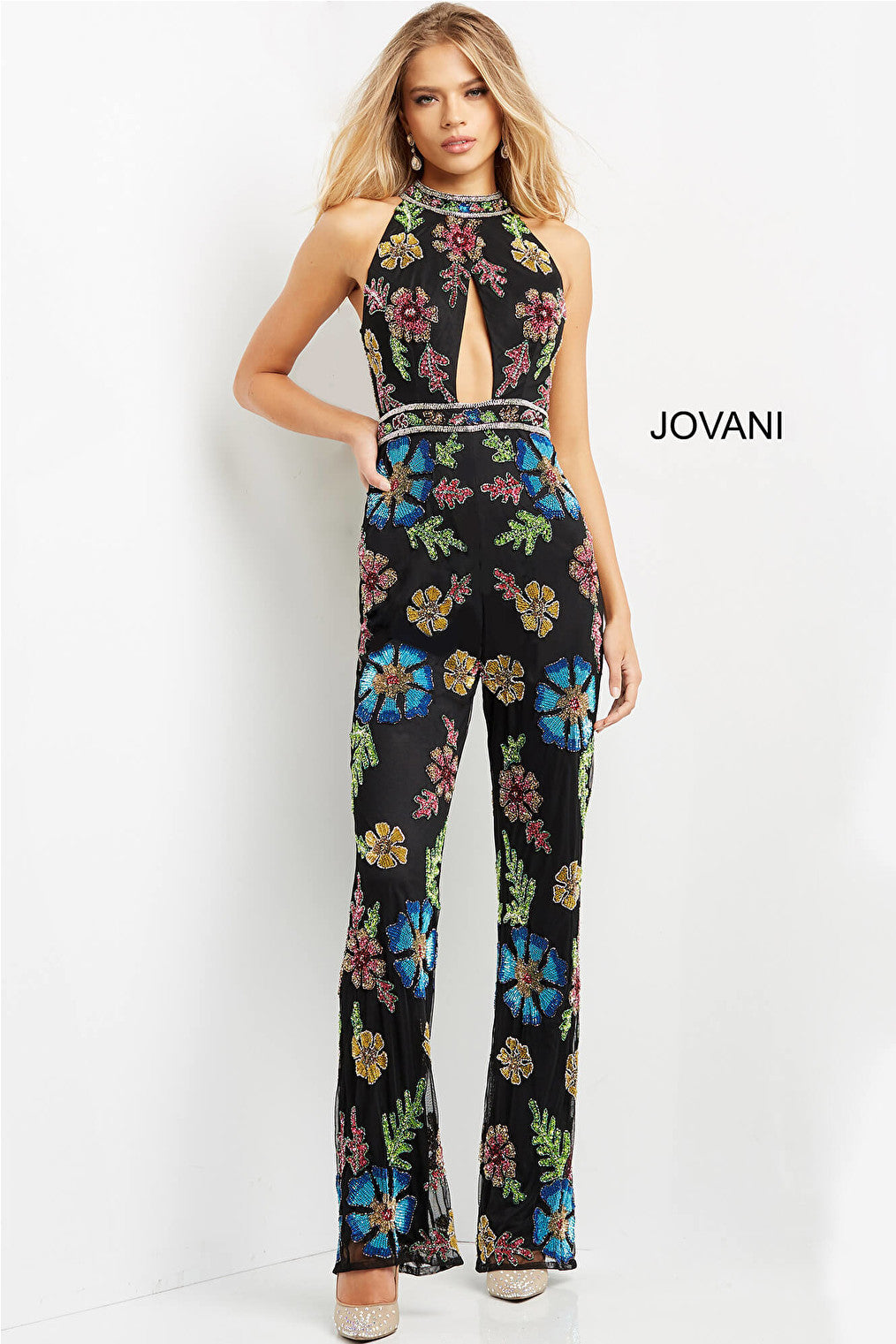 Jovani 09024 Black Multi Embellished High Neck Jumpsuit