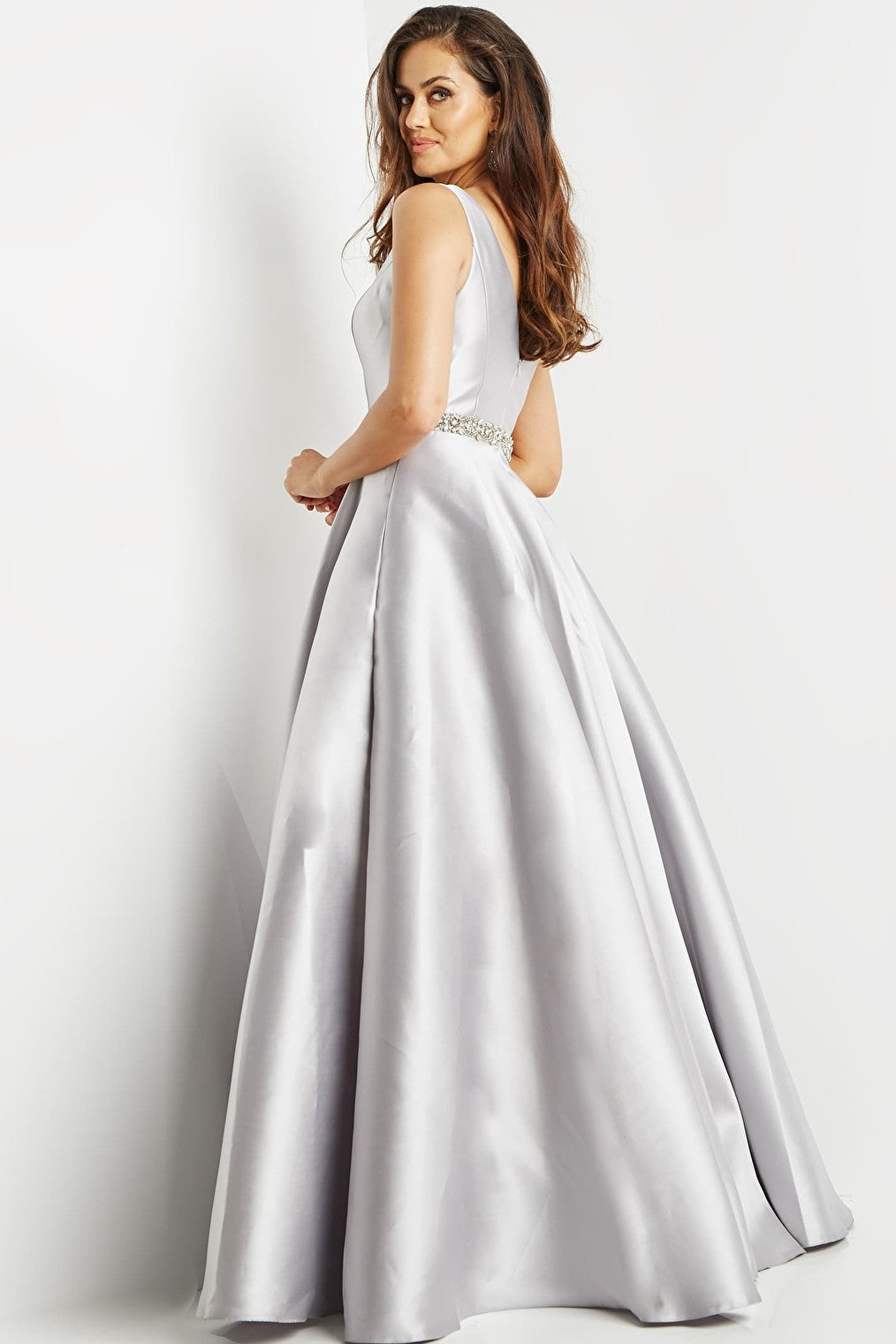 Jovani 09077 Silver Embellished Belt A Line Evening Gown