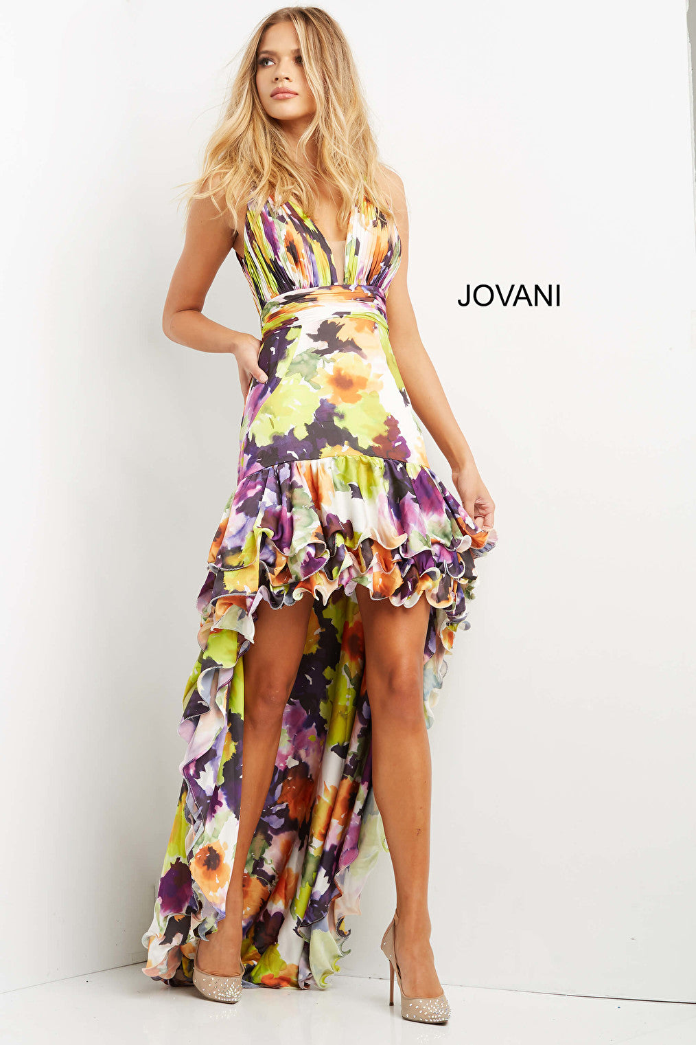 Sleeveless multi print Jovani dress 09389