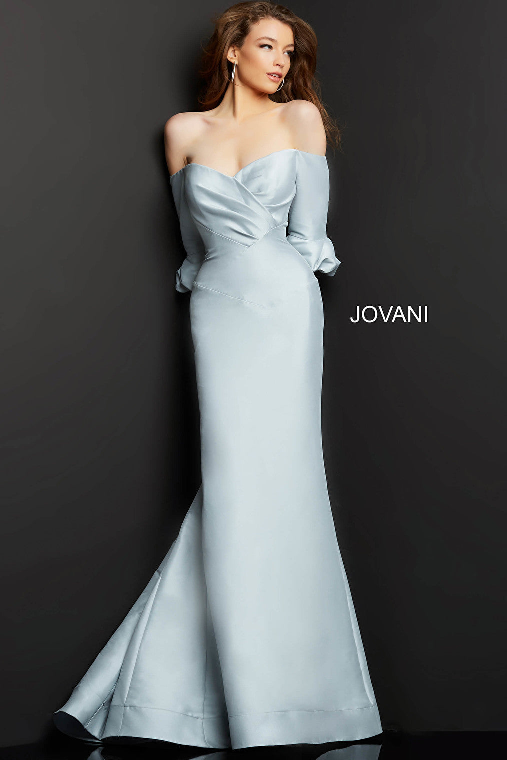 Jovani 09420 Silver Three Quarter Sleeve Mermaid Evening Dress