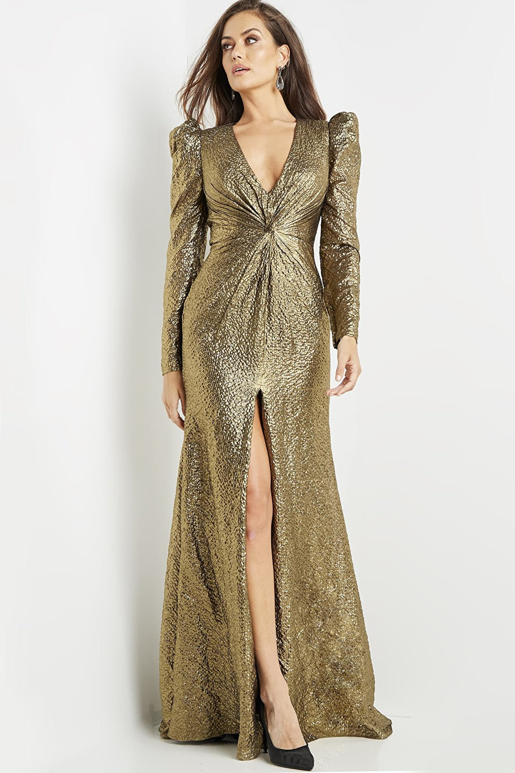 gold v neckline dress 09439