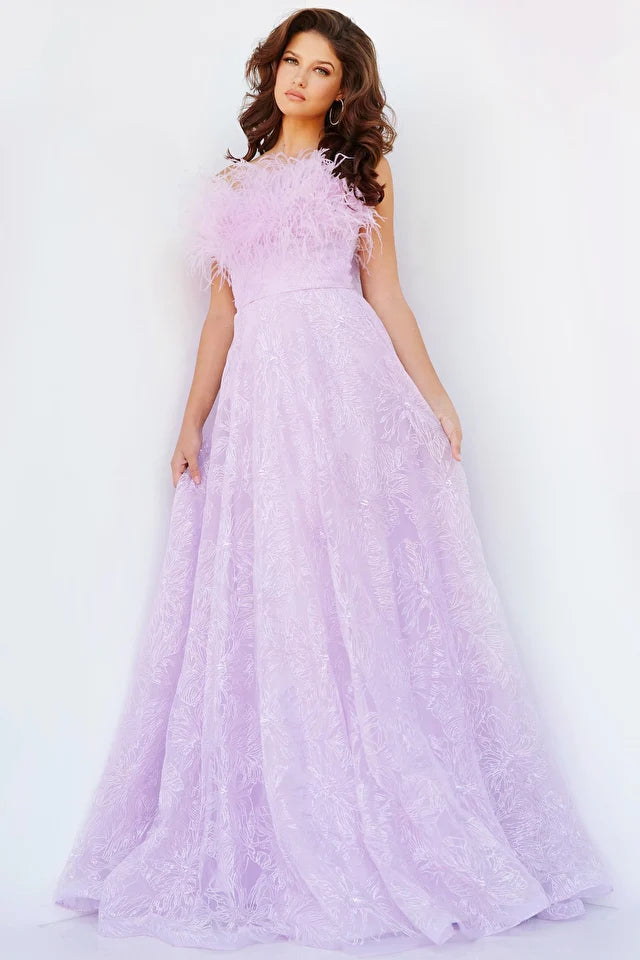 Jovani 09945 Light Purple Feather Neckline Prom Gown