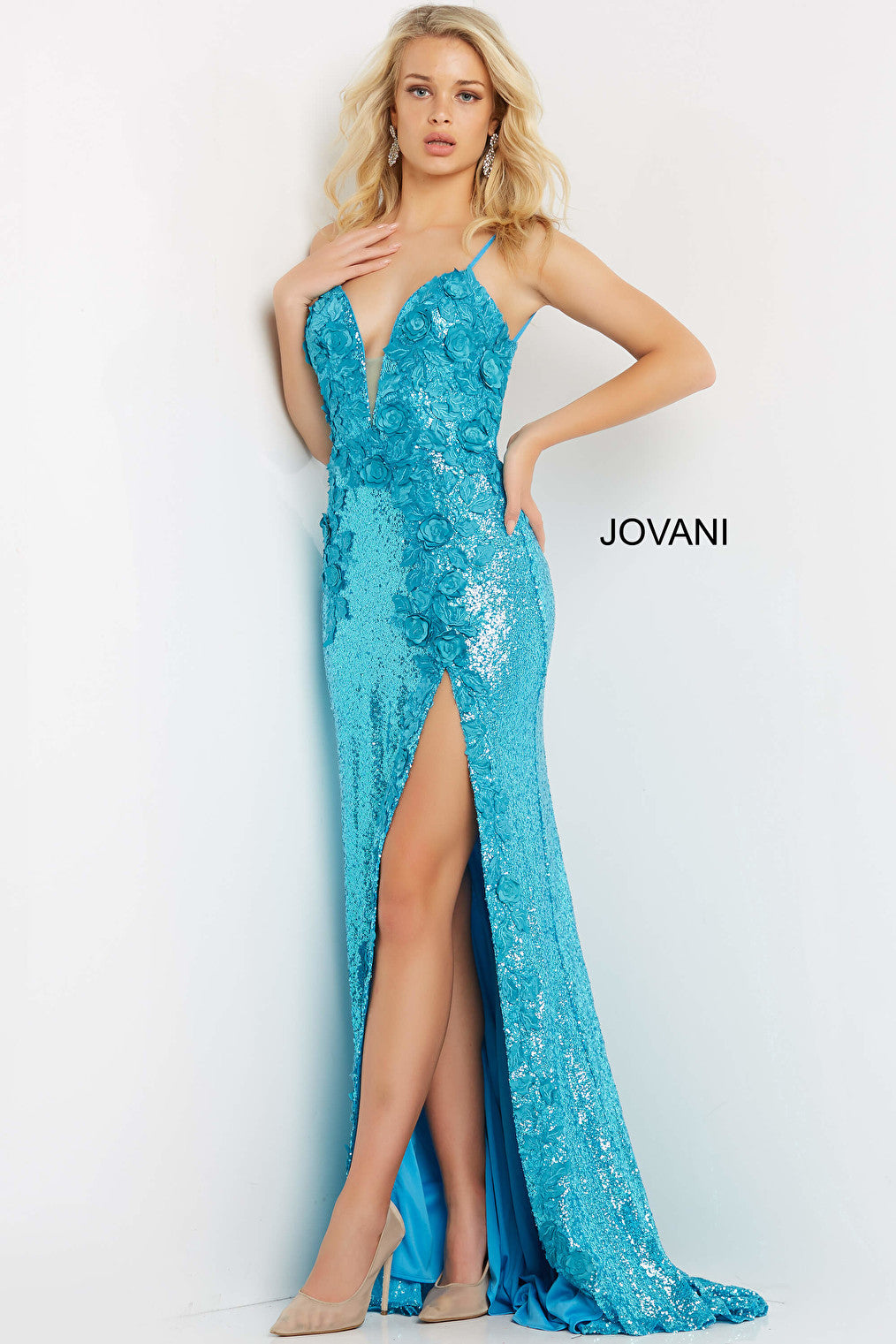 turquoise high slit dress 1012