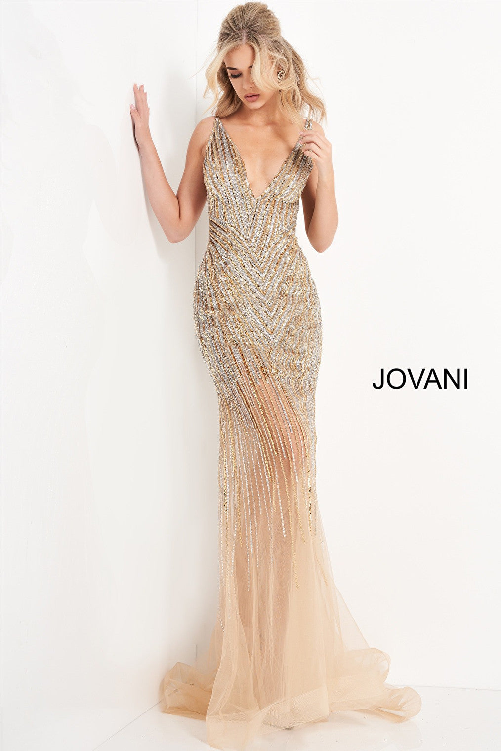Nude embellished Jovani prom dress 1162