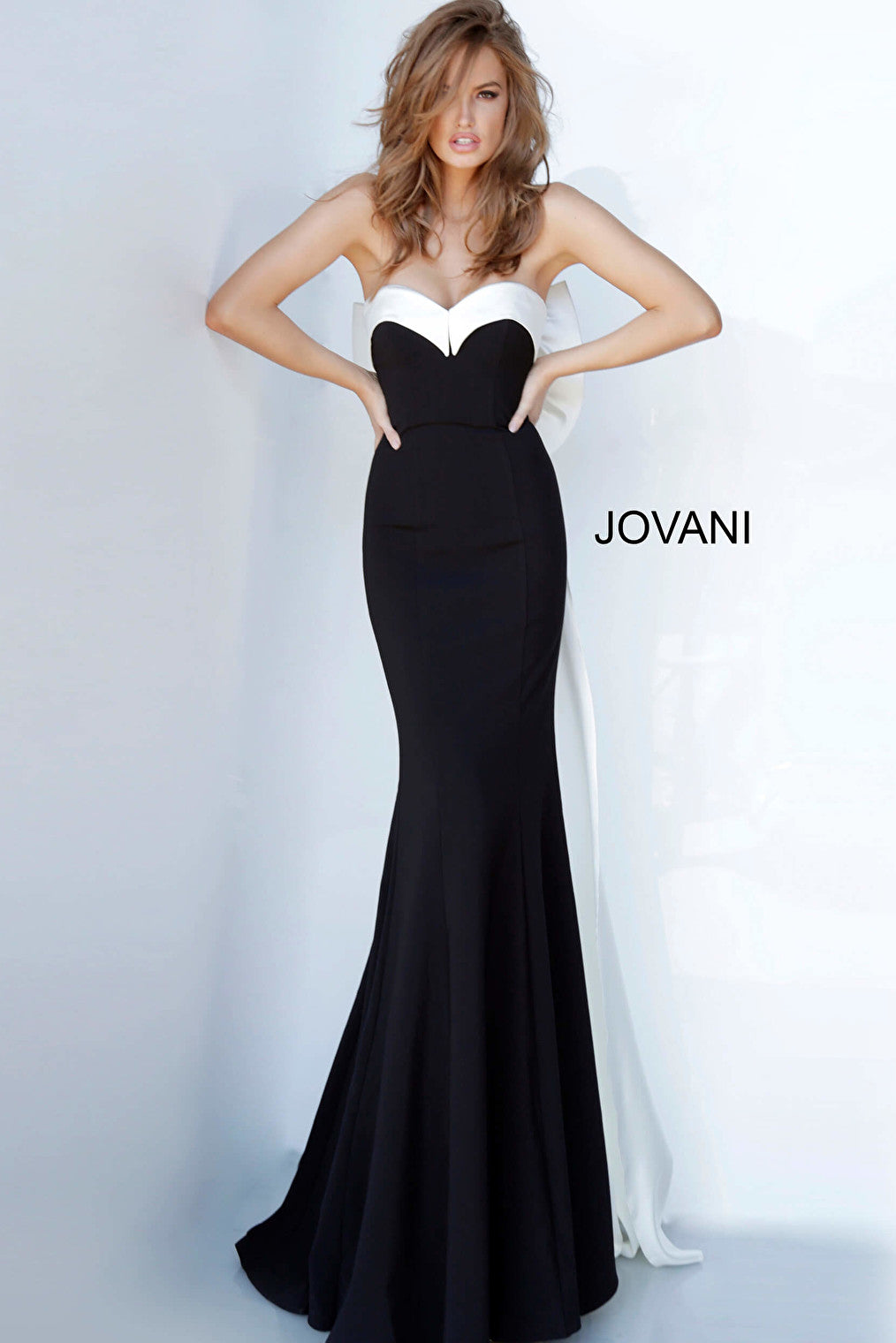 Black white form fitting evening dress Jovani 12020