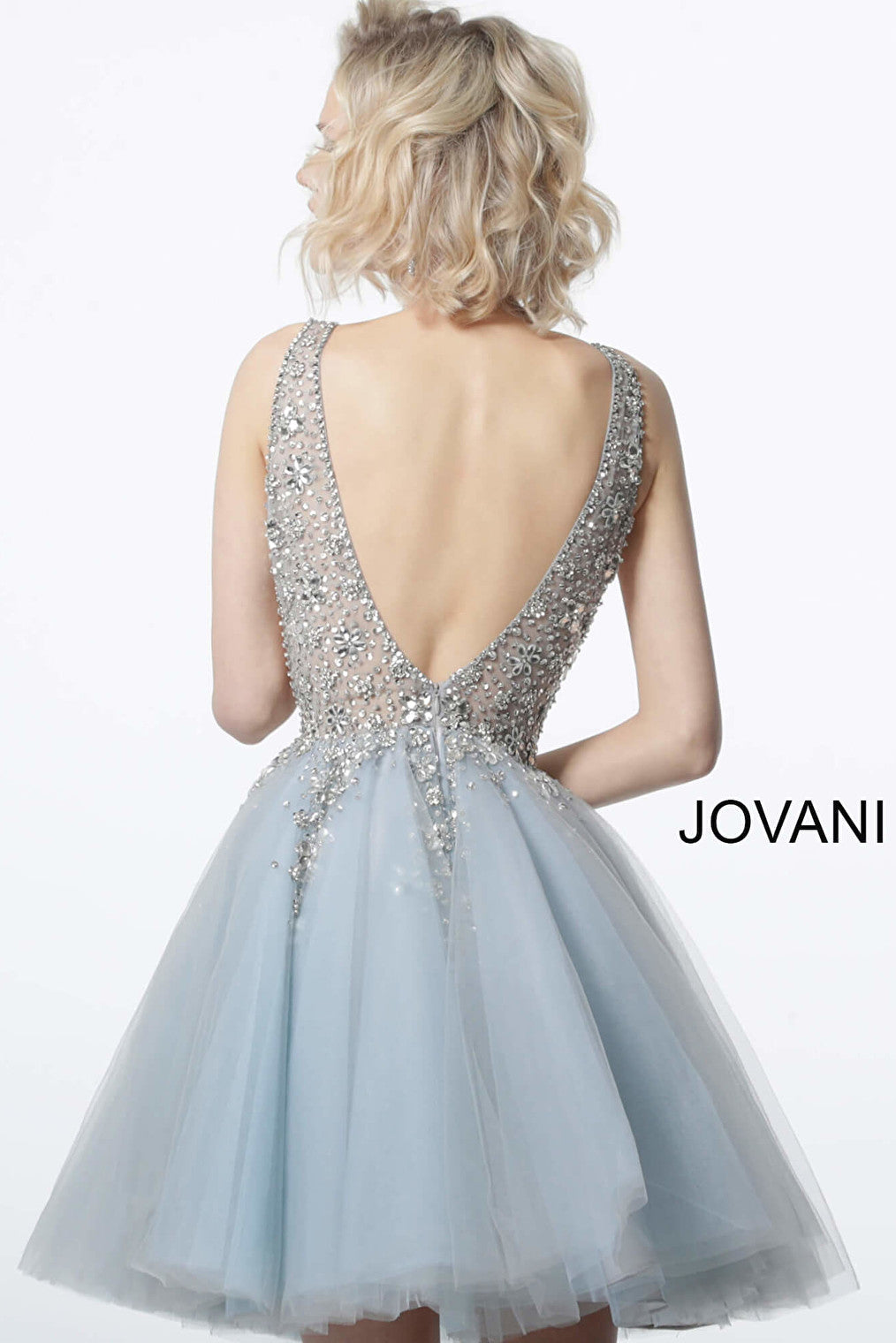 Jovani light blue beaded fit and flare cocktail dress 1774
