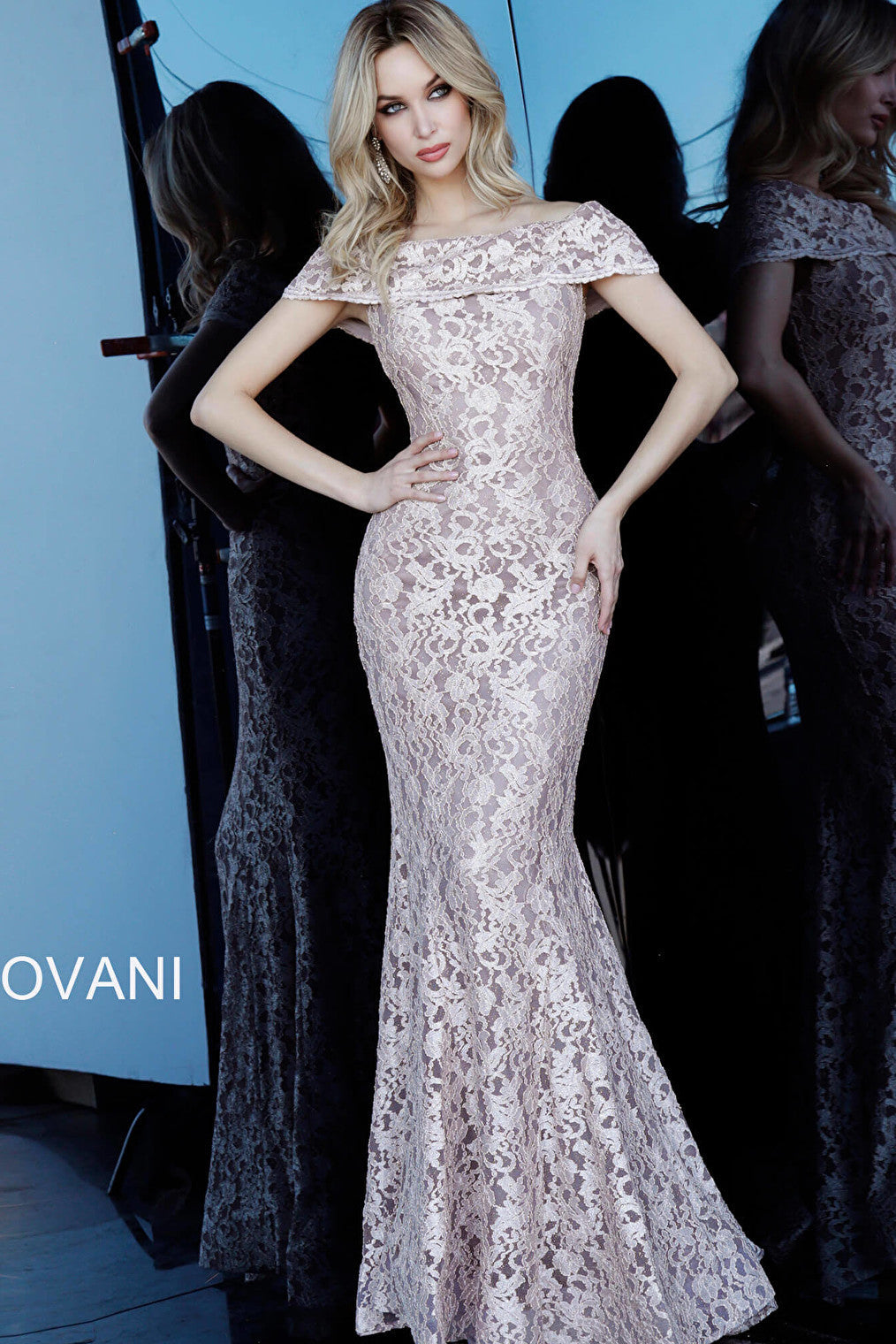 Taupe long lace MOB and evening Jovani dress 1814