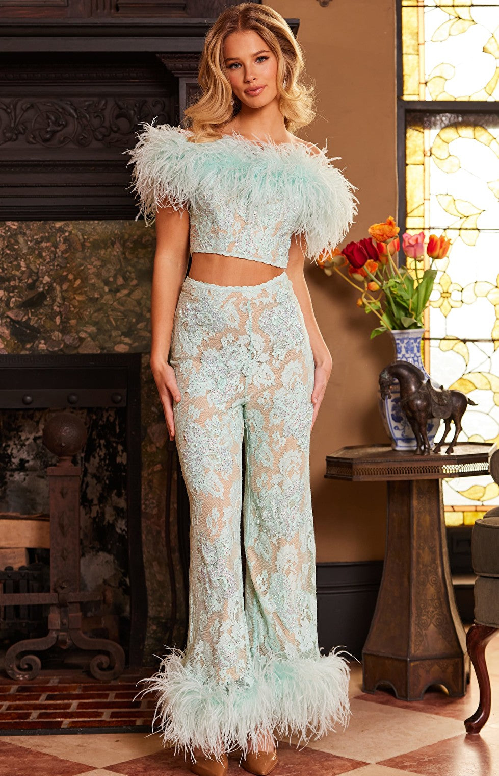 aqua jumpsuit with feather 22350