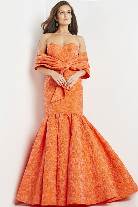 Jovani 22586 Orange Fit and Flare Strapless Evening Gown