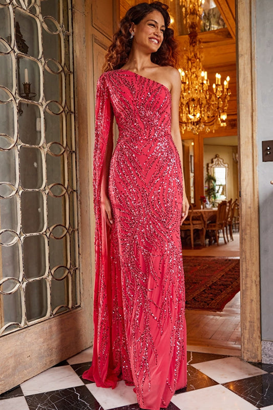 Jovani 23887 Watermelon Embellished One Shoulder Evening Dress