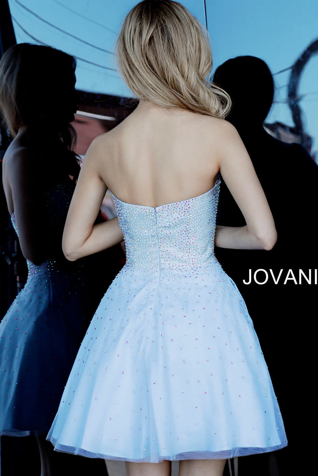 Jovani light blue fit and flare cocktail dress 2830 back view
