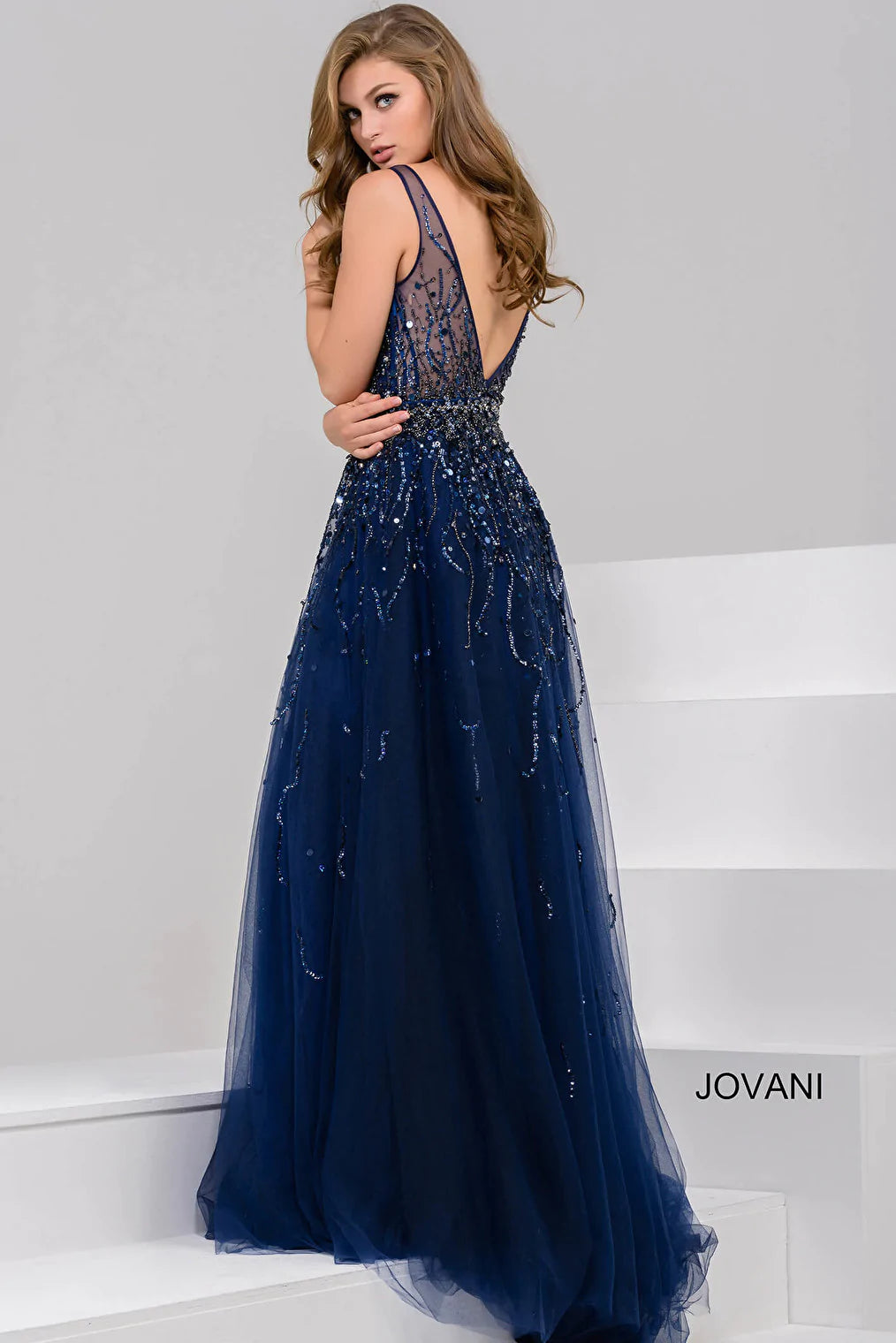 Jovani 29085 Navy V neck Beaded Tulle Dress Jovani 29085 Navy V neck Beaded Tulle Dress