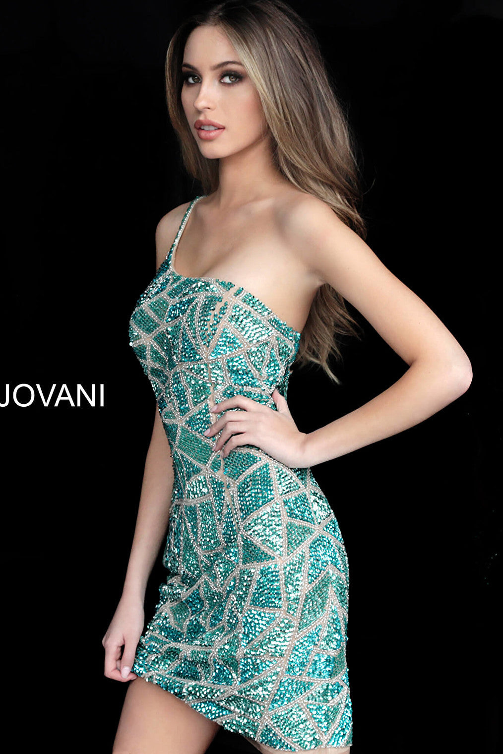 Jovani one-shoulder green beaded cocktail dress 3165