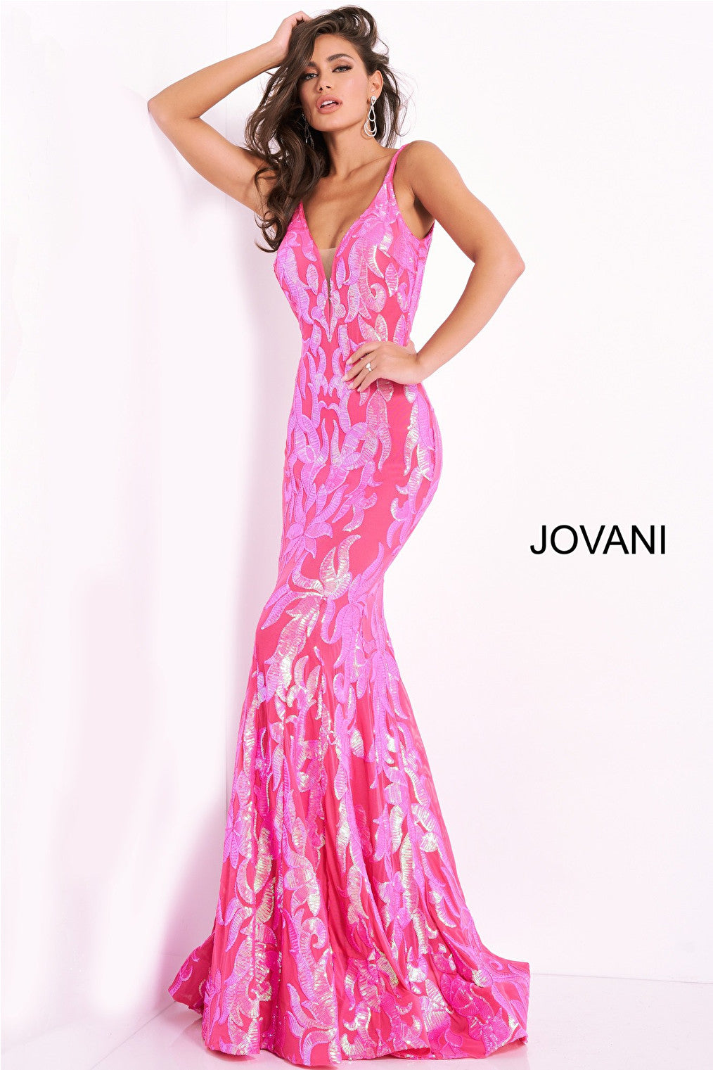 Floor length hot pink prom dress Jovani 3263