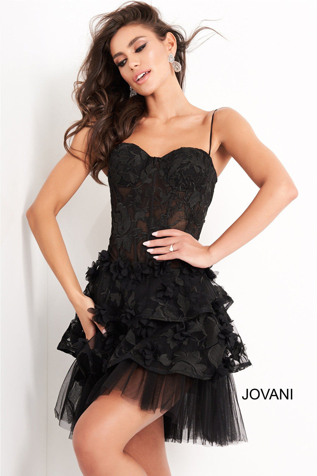 Black sheer corset bodice Jovani cocktail dress 3491