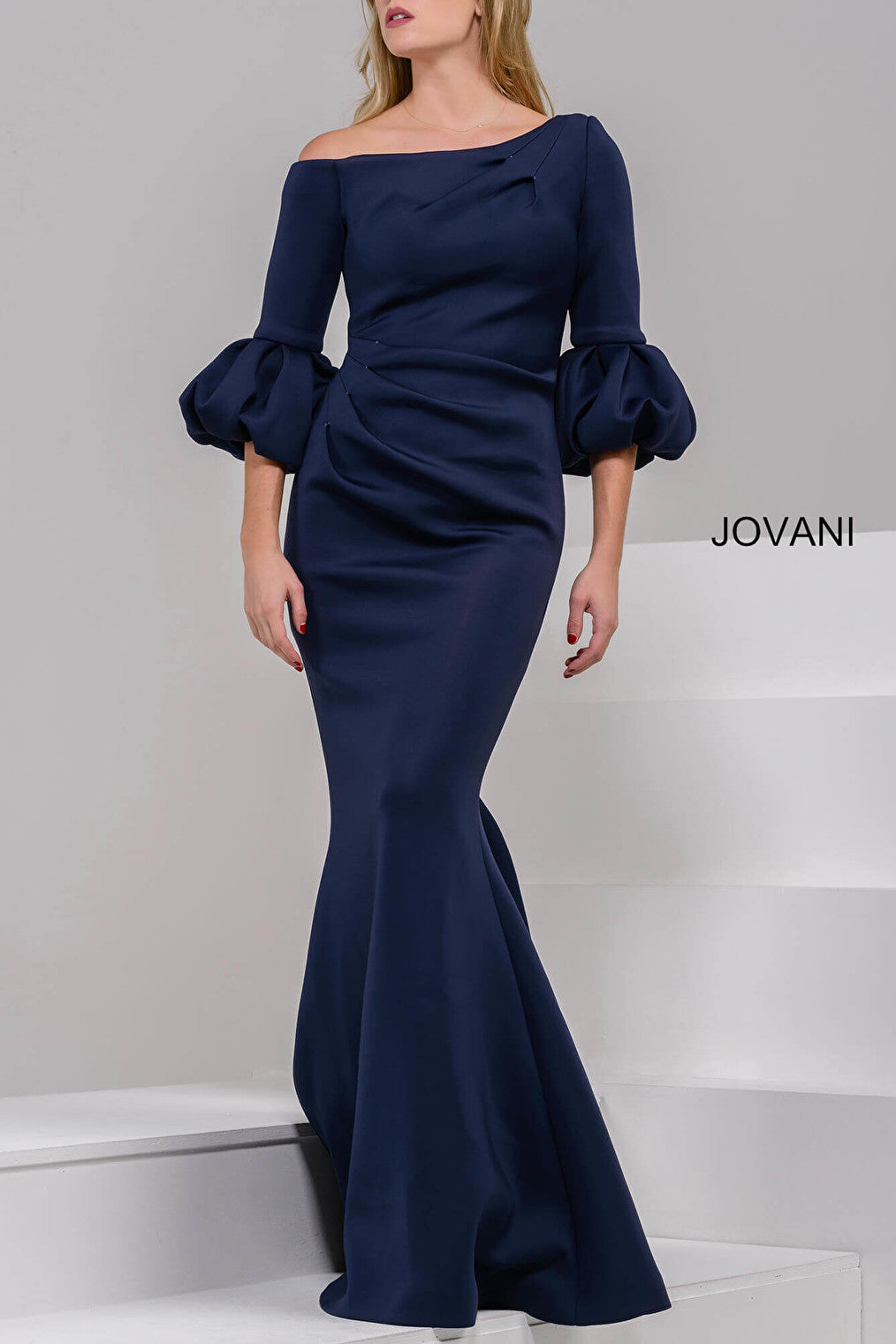 Jovani navy bubble sleeve evening dress 39739