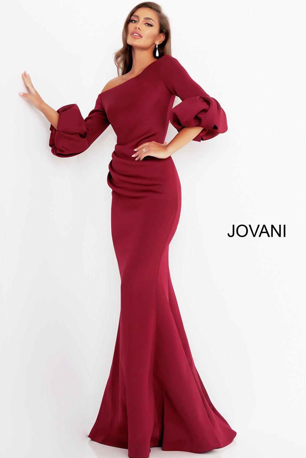 Burgundy asymmetric neck MOB and evening dress Jovani 39739