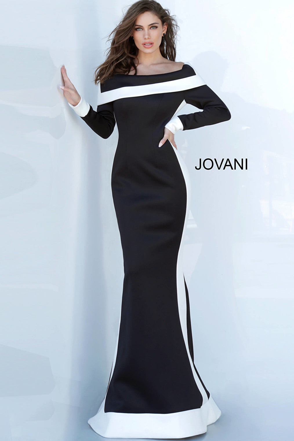 Black white off the shoulder evening dress Jovani 4062