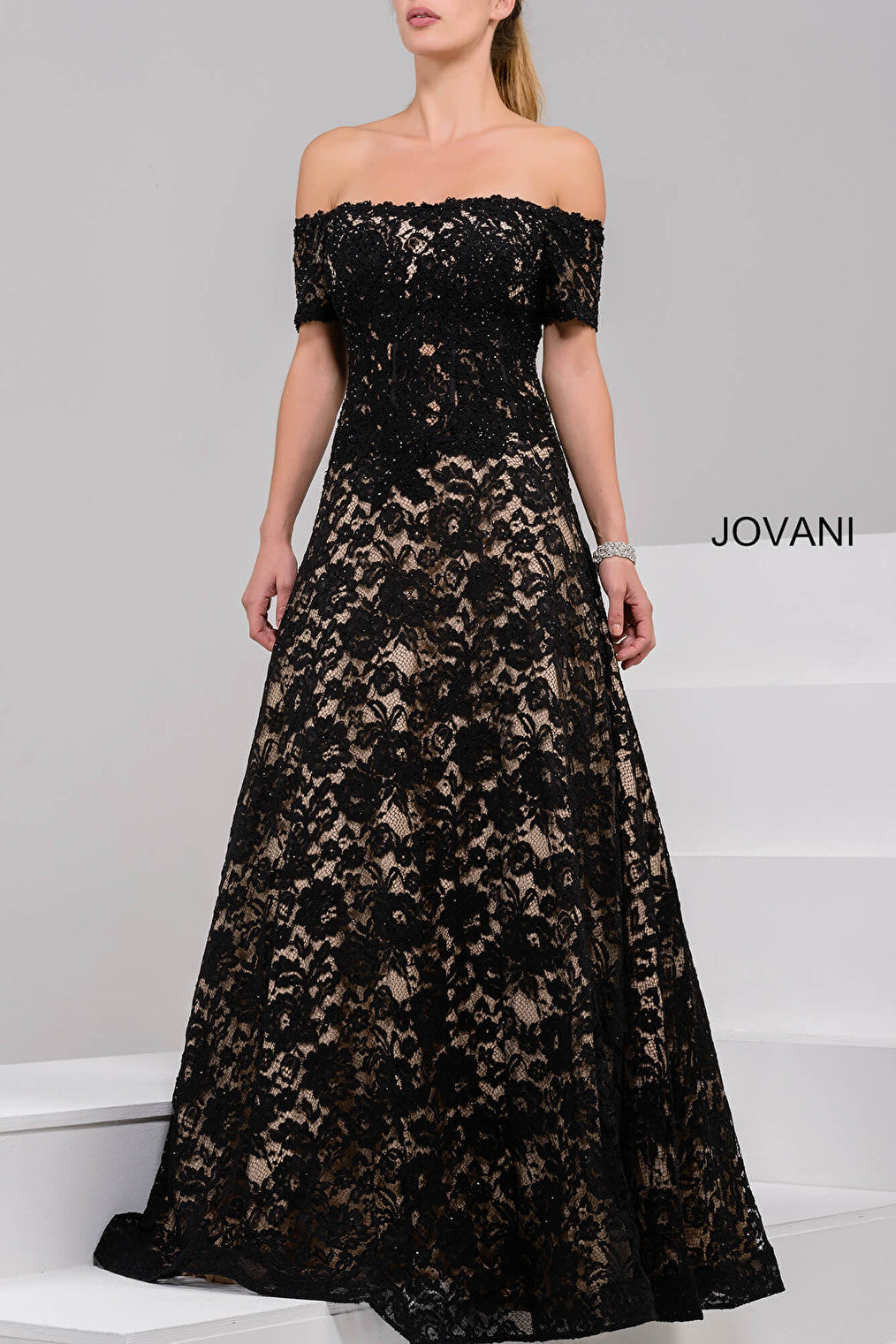 Black lace evening dress jovani 42828